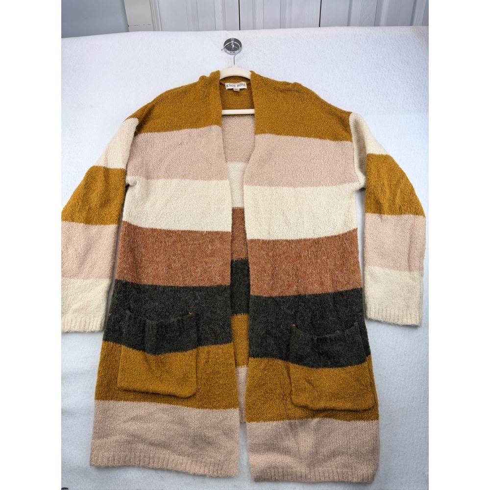 Knox Rose XL Cardigan Sweater Multi Color Striped Open Front Longline Eyelash